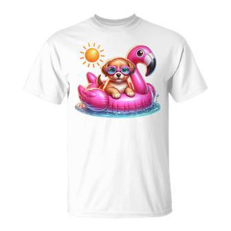 Puppy Dog Pink Flamingo Summer Vibes Beach Lover Cute Girls T-Shirt - Monsterry