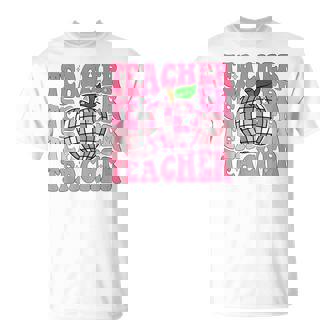 Retro Pink Disco Ball Apple Teacher Colorful Back To School T-Shirt - Monsterry