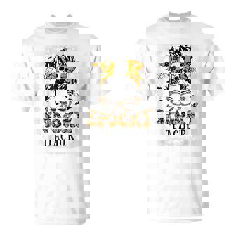 Spooky Teacher Messy Bun Bleached Halloween Teachers T-Shirt - Monsterry