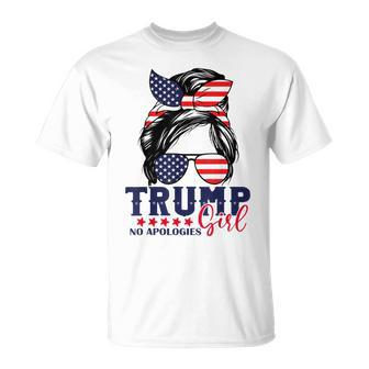 Trump Girl No Apologies Messy Bun Trump 2024 American Flag T-Shirt - Monsterry