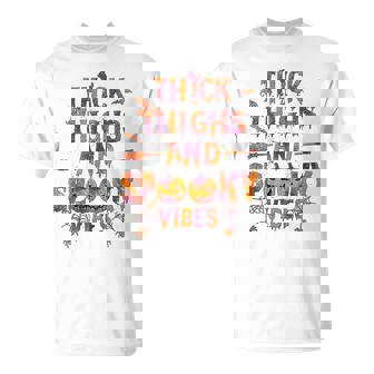 V4vo Thick Thighs And Spooky Vibes Pumpkin Halloween T-Shirt - Monsterry