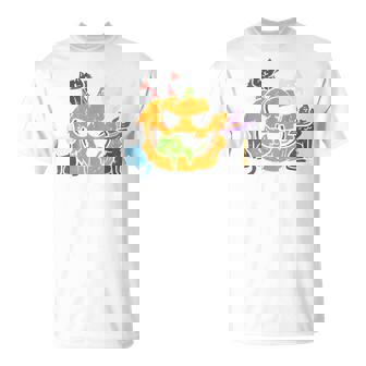 Vampire Ghost Zombie Witch Cats In Pumpkin Cute Halloween T-Shirt - Monsterry