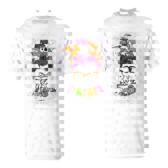 Witchy Teacher Halloween Messy Bun Teacher Bleached T-Shirt - Monsterry