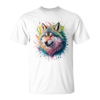 Wolf Herren Damen Bunt Aquarell Wolf T-Shirt - Geschenkecke