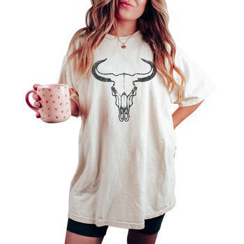 Maglietta Donna Cowboys & Beer Vintage, Teschio Steer E Musica Country, Camicia Western Rodeo Con Scollo A V, Misto Cotone