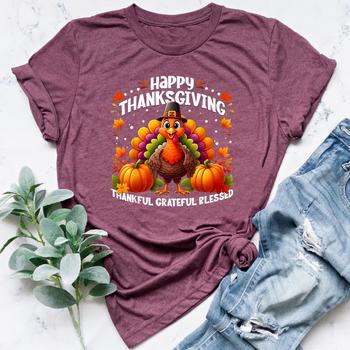PECHAR Thanksgiving Shirts For Women - Thankful Grateful Blessed Tee, Funny Fall T-Shirt With WTF Wine Turkey Family Design - View #3