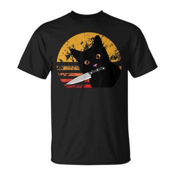 T-Shirt Gatto Assassino Con Coltello - Maglietta Unisex In Cotone, Regalo Originale