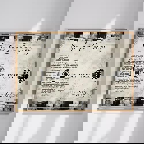 Personalized guitar-shaped canvas with custom song lyrics, rustic wood background, portrait; anniversary gift for music lovers | Family Wall Decor