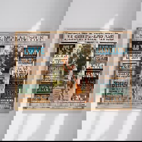 Family rules canvas wall art with rustic background, personalized family name and date, portrait layout for entryway decor | Familywalldecor