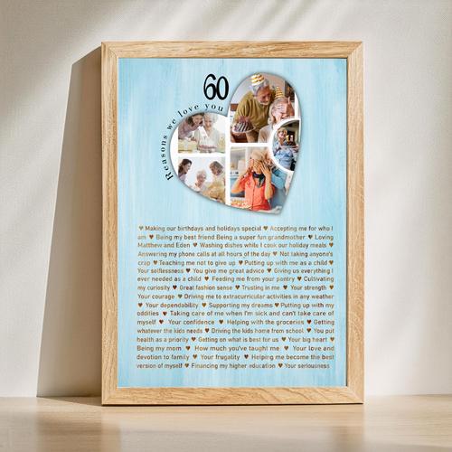 60 Reasons We Love You photo collage canvas, personalized with photos and custom text; gift for Mom’s 60th birthday | Family Wall Decor