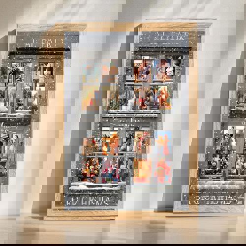 Christmas custom photo canvas with grey window design and the 'All Hearts Come Home' message, personalized holiday wall decor | Family Wall Decor