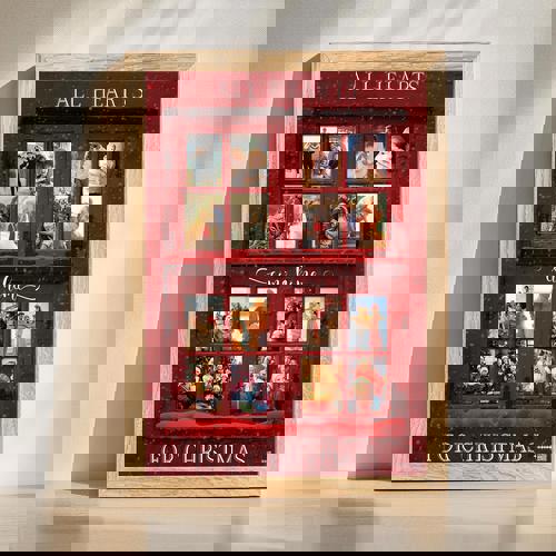 Christmas custom photo canvas with red window design and 'All hearts come home' text, featuring your photo for holiday decor | Family Wall Decor