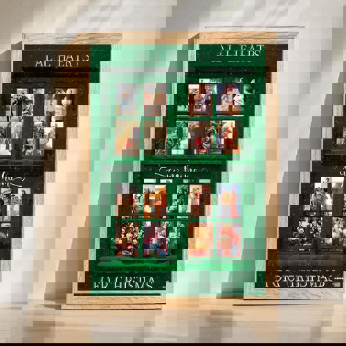 Christmas window custom photo canvas in green, personalized with your family photo; cozy holiday wall decor for living room | Family Wall Decor