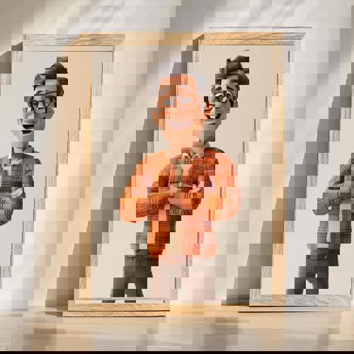 Dad 3D cartoon portrait, playful caricature with bright blue background, framed wall art, perfect Father's Day gift | Family Wall Decor