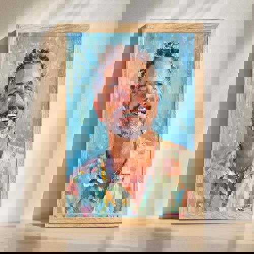 Dad oil painting portrait on canvas, close-up bust in realistic style with warm tones, neutral background, wood frame. | Familywalldecor