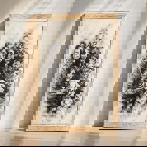 Family charcoal portrait wall art, hand-drawn black-and-white custom piece from your photo, timeless decor for living room | Familywalldecor