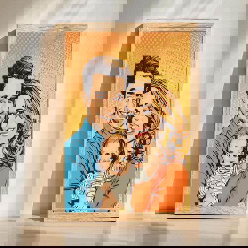 Family pop art portrait wall art, vibrant comic style from your photo, halftone dots and bold outlines for living room decor | Familywalldecor