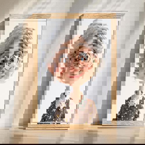 Grandma 3D cartoon portrait wall art, playful dimensional illustration in soft pastel tones on canvas, vertical orientation | Family Wall Decor