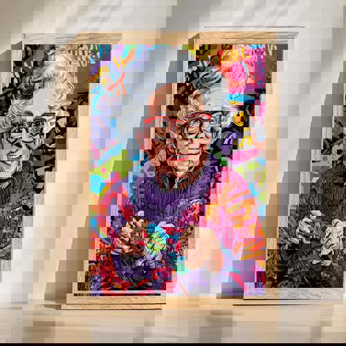 Grandma pop art portrait in bold primaries on canvas, smiling bust with halftone dots and comic burst background, square | Familywalldecor