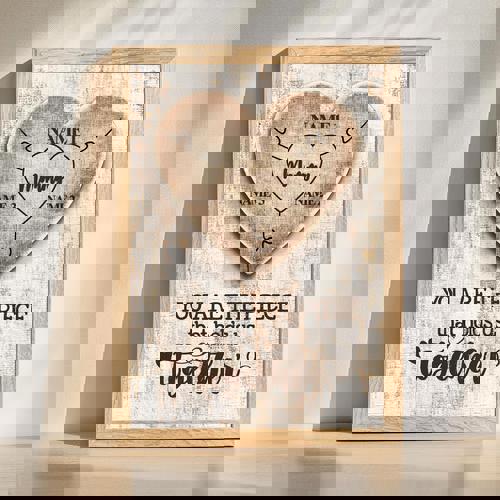 Mom heart puzzle custom canvas with central piece and family names, personalized wall art gift for Mother's Day, portrait | Family Wall Decor