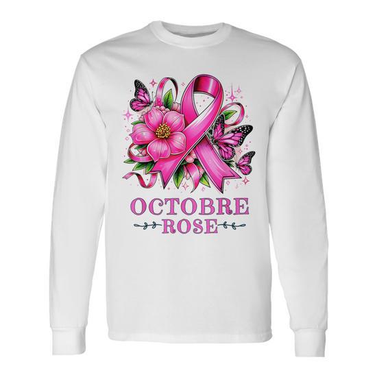 T-shirt Manches Longues Avec Motif Ruban Rose Et Mots De Soutien Cancer Du Sein - Taille Regular, Unisexe Adulte, Neuf Sans étiquettes
