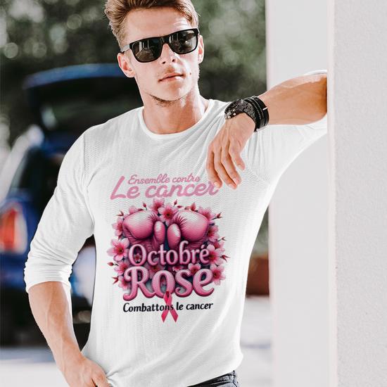 Chemise/T-shirt Octobre Rose Femme Col V - Imprimé Ruban Rose Sensibilisation Cancer Du Sein - Manches Longues, Coton - Grande Taille, Style Chic - 2