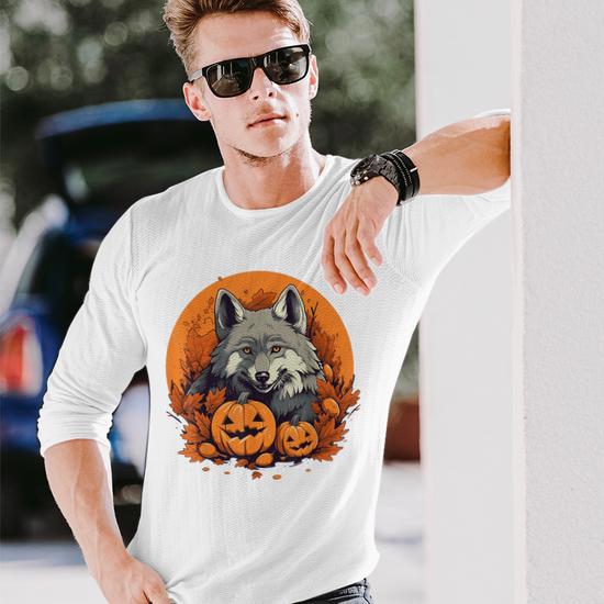 Pumpkin Wolf Costume On Wolf Halloween Long Sleeve T Shirt Seseable UK