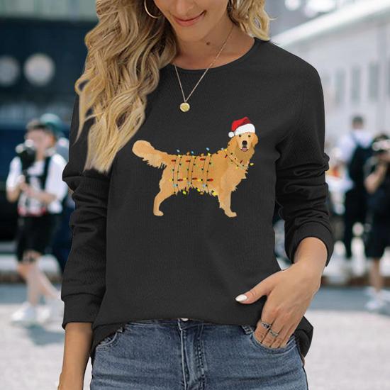 Dog Golden Retriever Santa Christmas Xmas Lights Pajamas Long Sleeve T Shirt Seseable CA