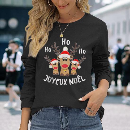Sweat-shirt De Noël Pour Femme - Manches 3/4, Col V, Ample - T-shirt Drôle Imprimé Noël - Taille Grande