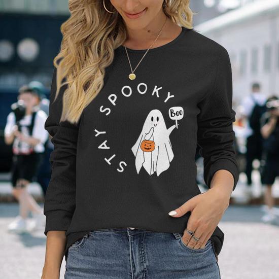 Yihaojia Halloween Sweatshirt For Women - Spooky Season Ghost Graphic Long Sleeve Casual Top