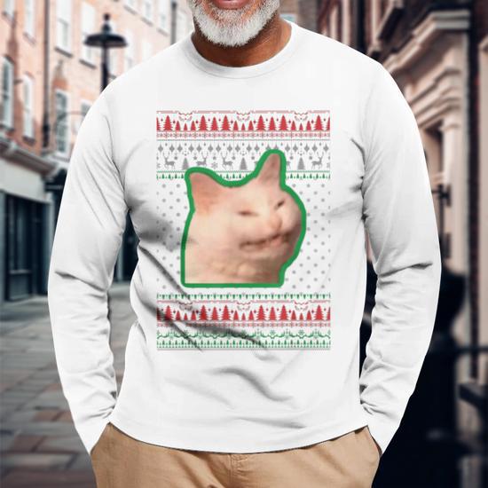 Confused Laughing Cat Dank Meme Blep Mlem Christmas Sweater Long Sleeve T Shirt Monsterry