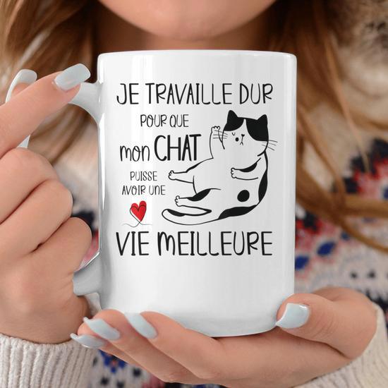 Mug ADS 'Je Travaille Dur Pour Que Mon Chat Ait Une Vie Meilleure' - Blanc
