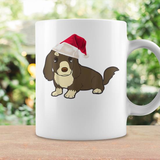 Cute Miniature Dachshund Wiener Dog w Christmas Santa Hat Graphic Print Coffee Mug Monsterry