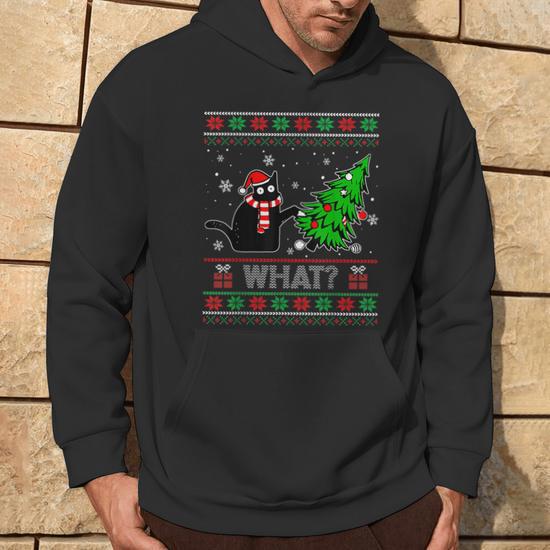 Pull 'Chat Noir Poussant Le Sapin' - Sweatshirt Humour Noël, 241 G, Coupe Classique, Cadeau Fan De Chats - 7