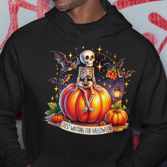 Just Waiting For Halloween Cute Skeleton On Pumpkin Hoodie Monsterry