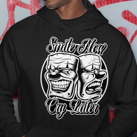 Souriez Maintenant, Pleurez Plus Tard - Sweat à Capuche Chicano Lowrider Blackwork - Design Masque Théâtre