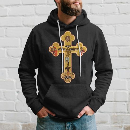 Sweat à Capuche Avec Crucifix – Coupe Classique, 241 G, Col Tissé, Motif Croix De Jésus, Décontracté