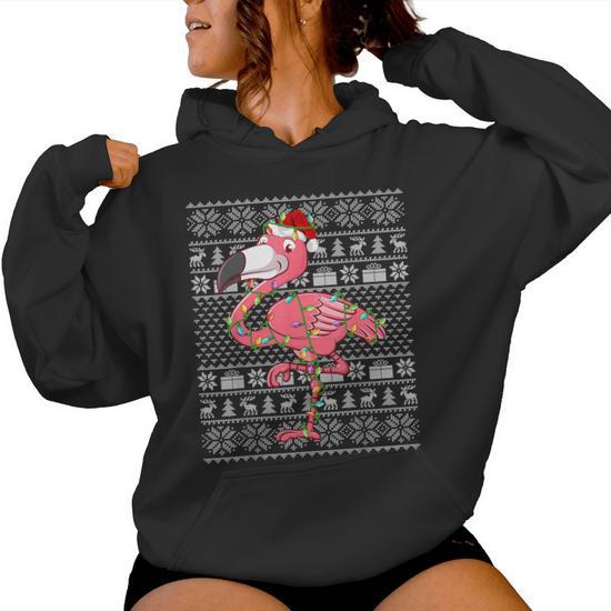 Pink Flamingo Christmas Ugly Sweater Style Lights Xmas Women Hoodie Thegiftio UK