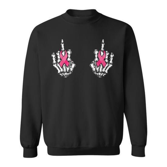 Skeleton Hand Breast Cancer Awareness Pink Ribbon Boob Sweatshirt Monsterry