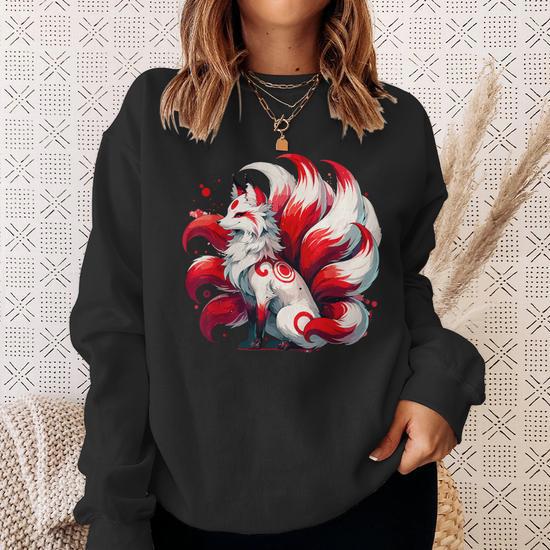 Sweat à Capuche Anime Japonais Kitsune Renard à Neuf Queues - Design Graphique Torii Gate, Coupe Classique