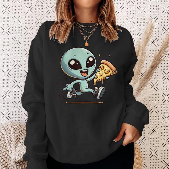 Cute Alien Running With Pizza Sweatshirt Monsterry