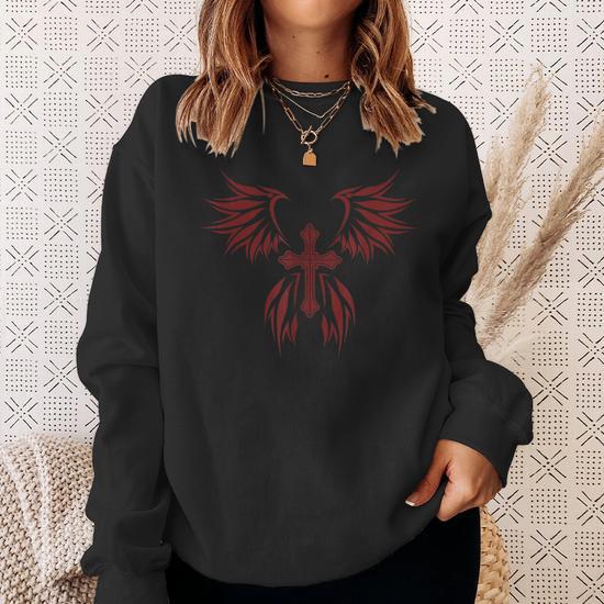 Wings And Cross Alt Egirl Eboy Goth Y2k Emo Sweatshirt Seseable UK