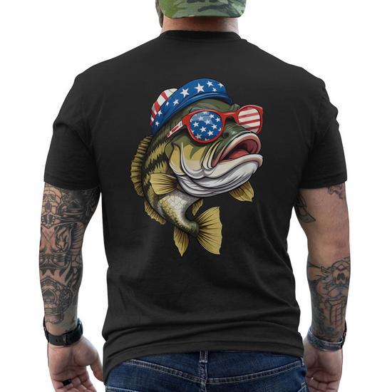 Bass Fish 4Th Of July American Us Flag Patriotic Fishing Men s T shirt Back Print Monsterry