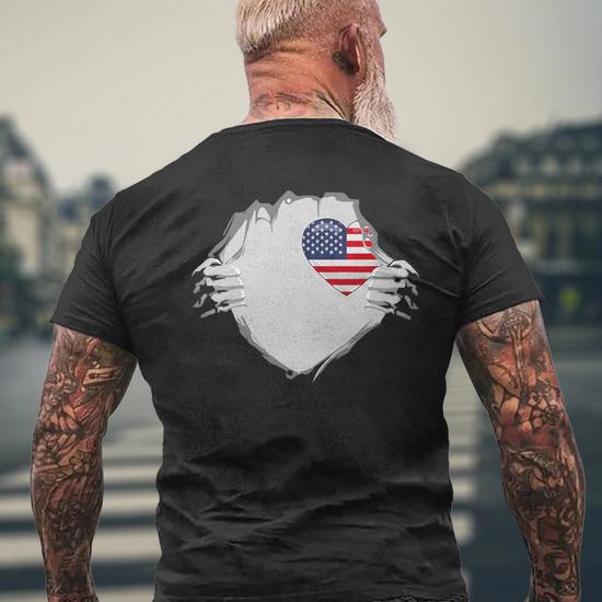 America Heart Usa Heart Chest American Flag Men s T shirt Back Print Monsterry