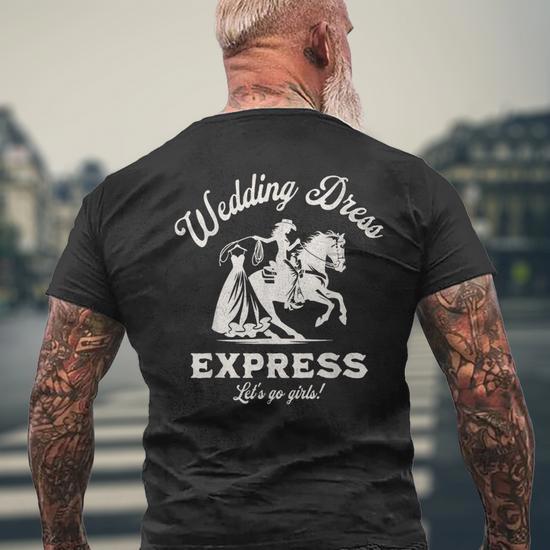 Country Western Wedding Dress Shopping Bridal Party Men's T-shirt Back  Print - Thegiftio
