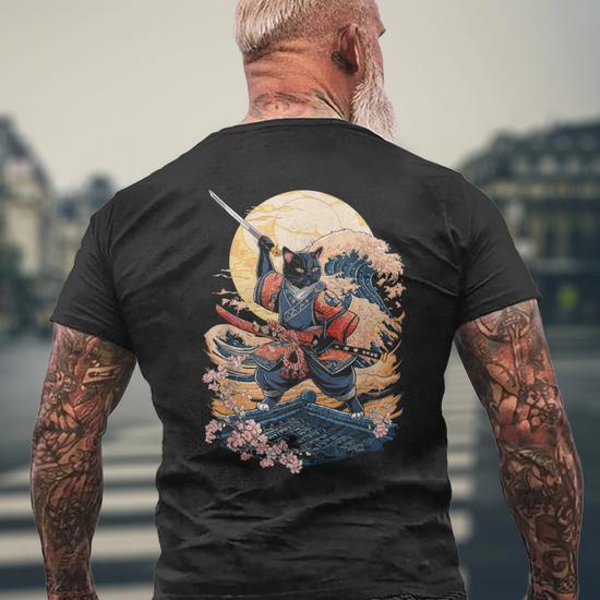 Samurai Cat Japanese Cat Anime Ninja Men s T shirt Back Print Thegiftio UK