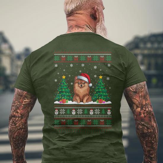 Santa Hat Pomeranian Dog Christmas Tree Lights Ugly Sweater Men s T shirt Back Print Thegiftio UK