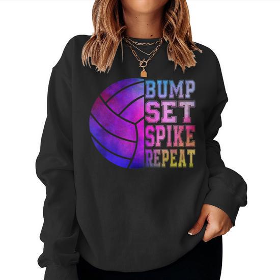 Colorful N Girls Volleyball Bump Set Spike Repeat Women Sweatshirt Monsterry