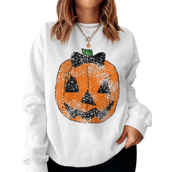 Halloween Ghost Pumpkin Sweatshirt For Women - Oversized Crewneck Fleece Pullover, Cute Graphic Hoodie
