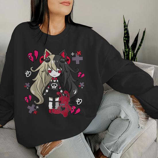 Chibi Kawaii Emo Pastel Goth Girl Con Coniglietto Triste Women Sweatshirt Novitaregali